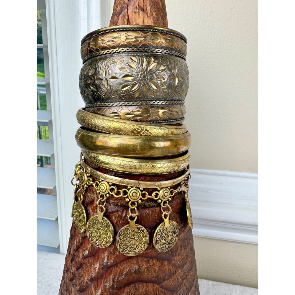 Vintage Lucky Brand Bohemian Bangle Bracelet Set Embossed Floral Cuff Coin Charm